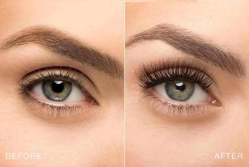 A close view of a finished lash extension set