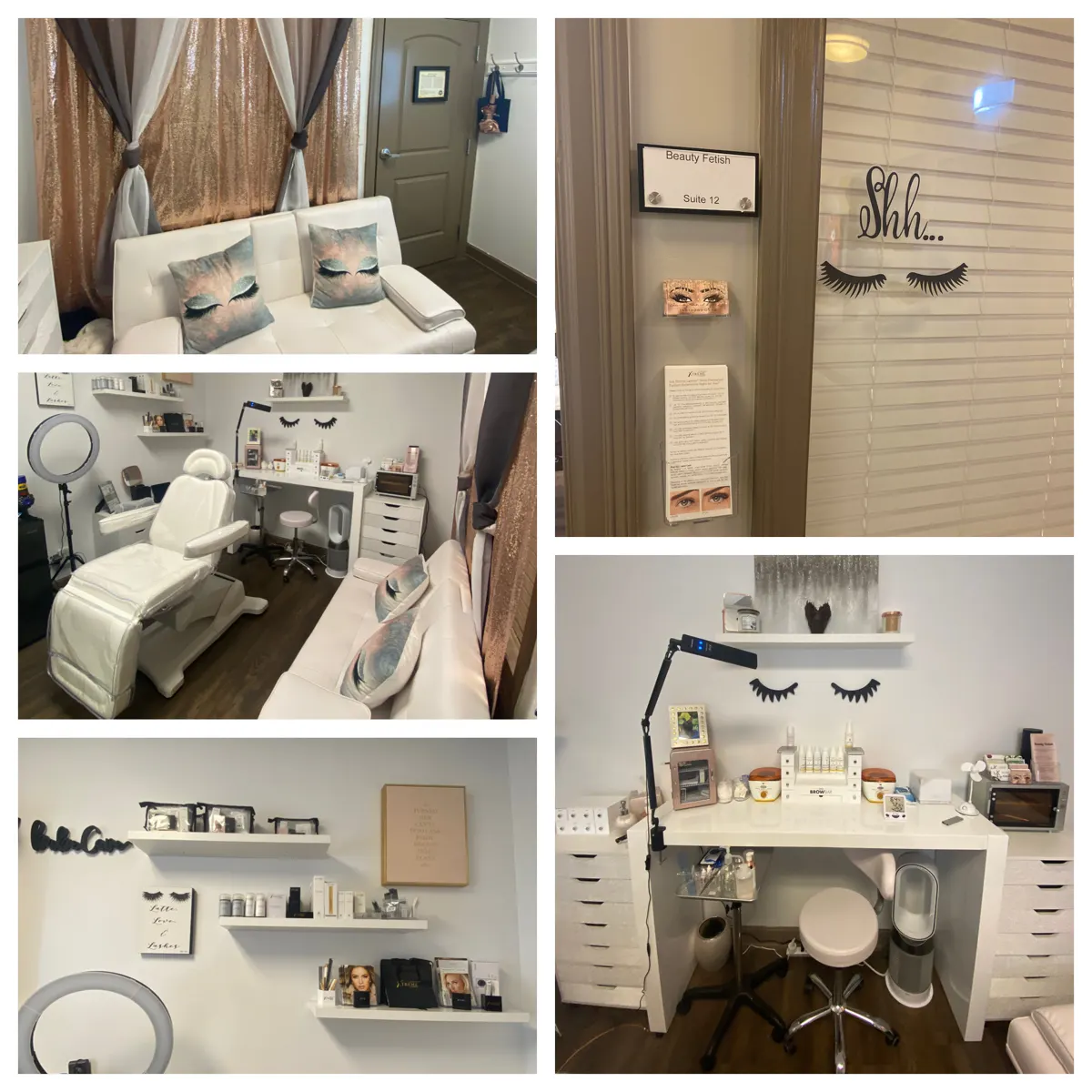 Collage of Caila's bright, serene suite at The Lab Salon Suites